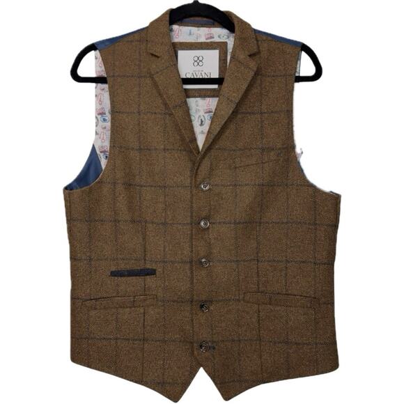 House of Cavani Wool Mix 38 Blazer Jacket Vest Waistcoat Brown Blue Plaid 2pc - Picture 8 of 13